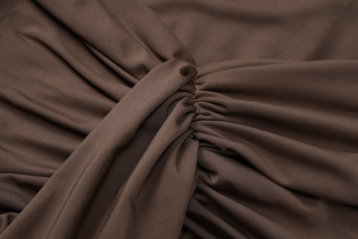 Mock Neck Cap Sleeve Front Knot Draped Panel Maxi Gown