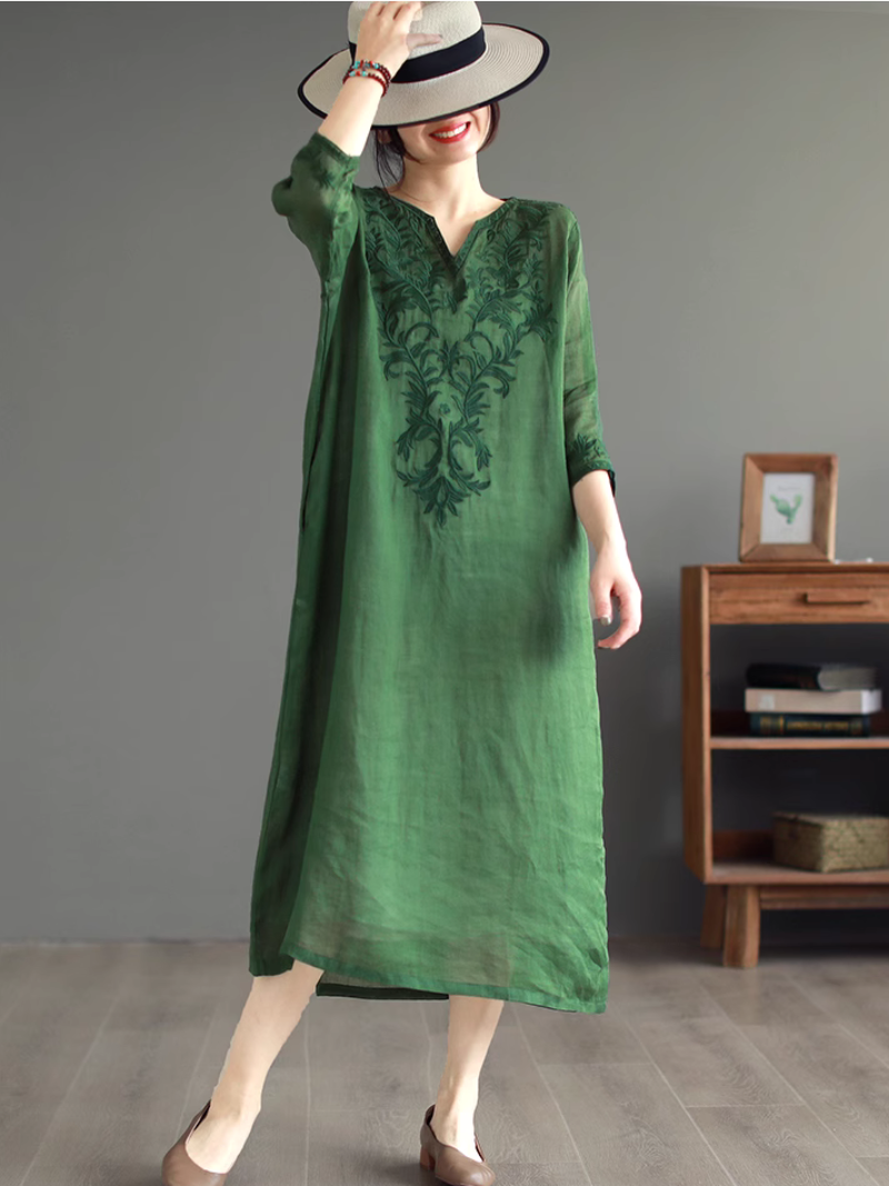 V Neck Long Sleeve Embroidered Floral Linen Midi Dress