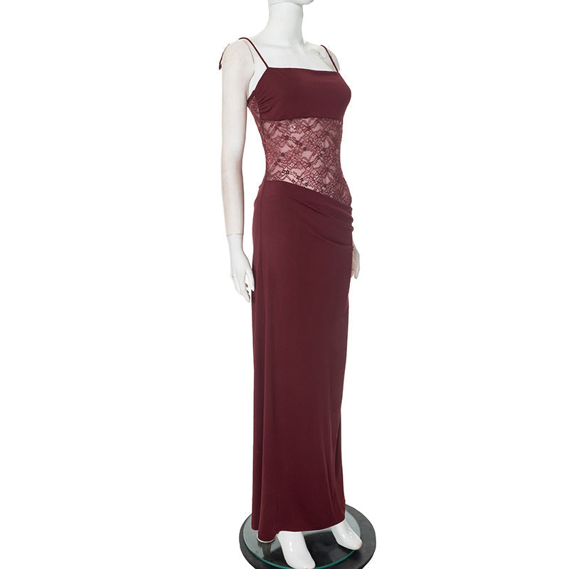 Spaghetti Strap Square Neck Lace Panel Maxi Dress
