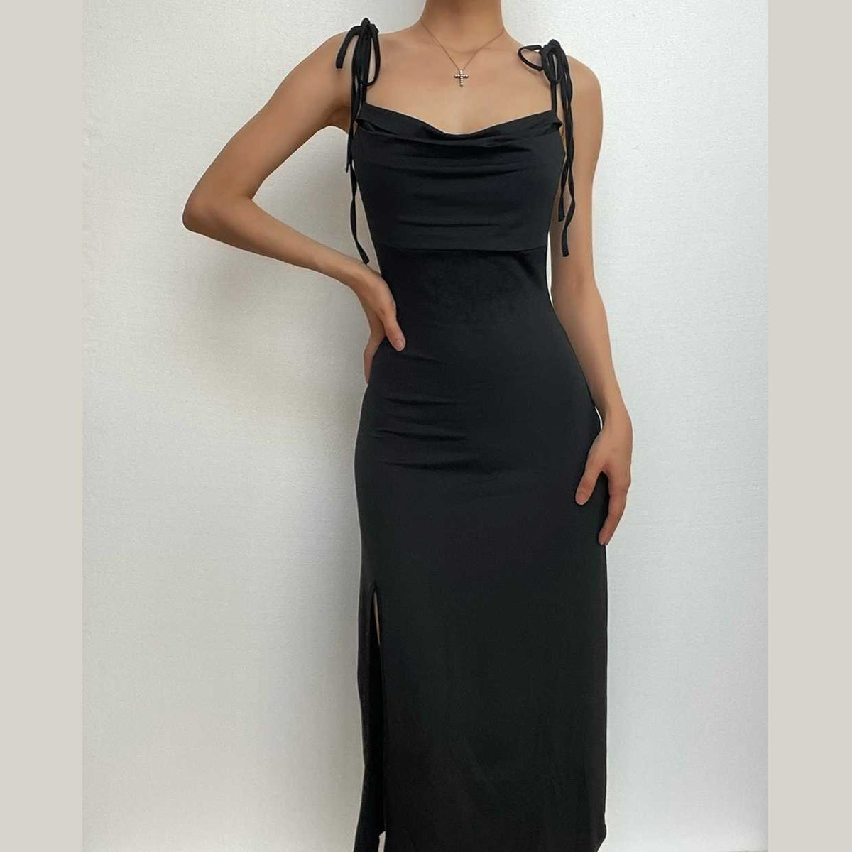 Cowl Neck Self Tie Spaghetti Strap Side Slit Bodycon Midi Dress