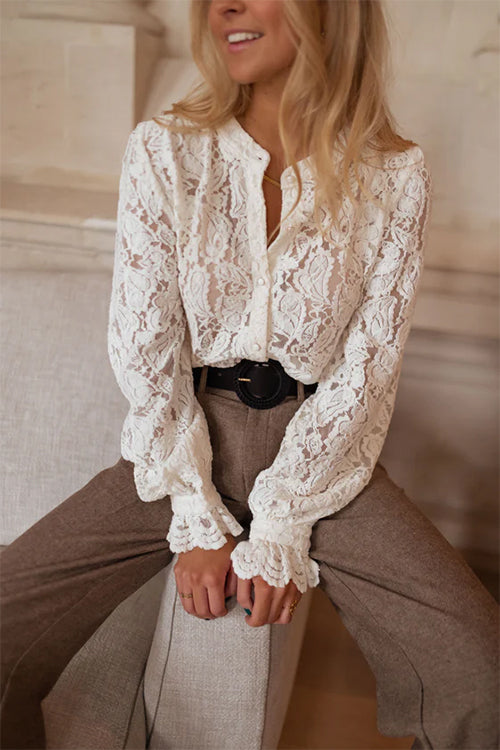 Ruffle Long Sleeves Button Up Lace Shirt