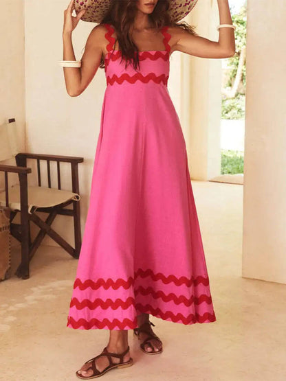 Ric Rac Trim Square Neck Spaghetti Strap Maxi Dress