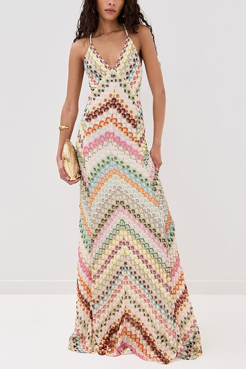 V Neck Open Back Colorful Print Maxi Dress