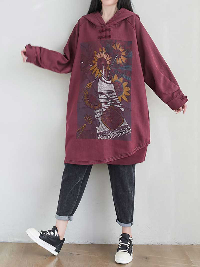 Frog Button Hood Sunflower Print Oversized Sweatshirt Dress