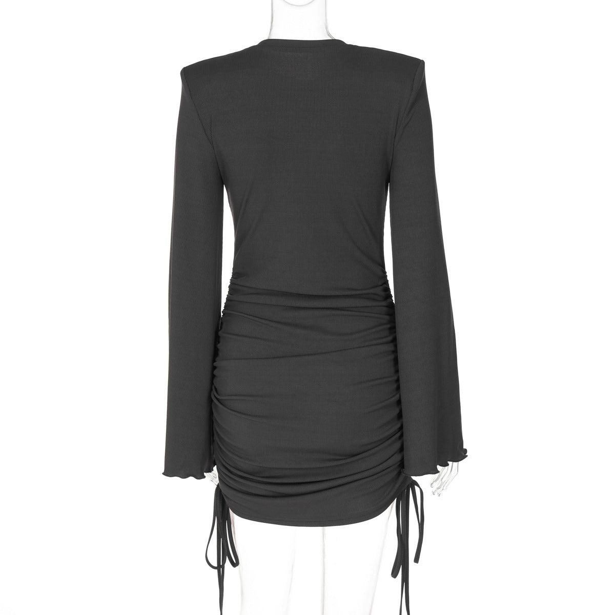 Crew Neck Bell Sleeve Side Ruched Drawstring Mini Dress