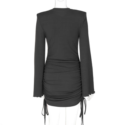 Crew Neck Bell Sleeve Side Ruched Drawstring Mini Dress