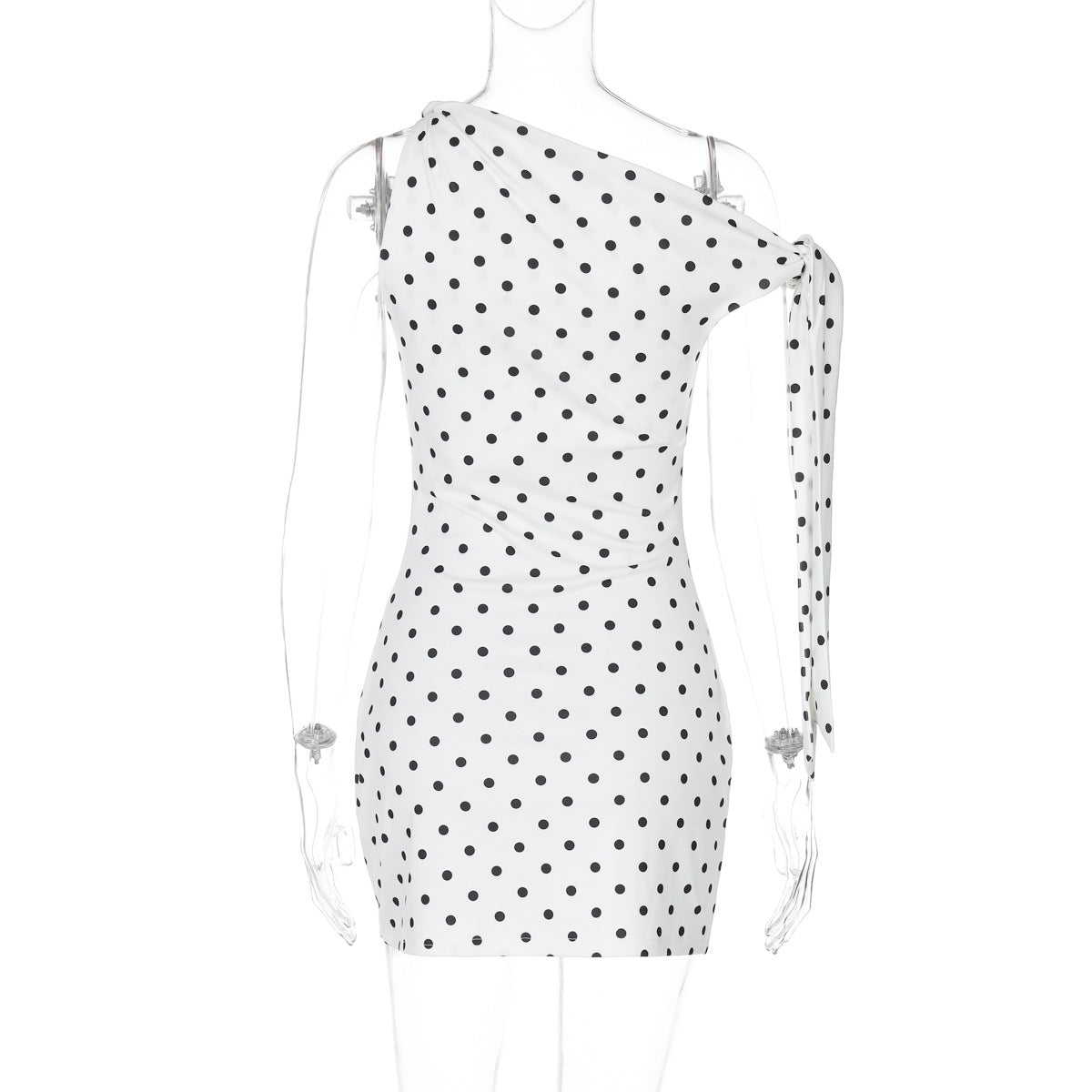 One Shoulder Tie Bow Sleeve Polka Dot Bodycon Mini Dress