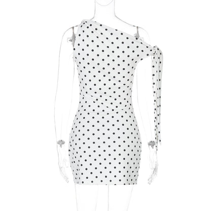 One Shoulder Tie Bow Sleeve Polka Dot Bodycon Mini Dress