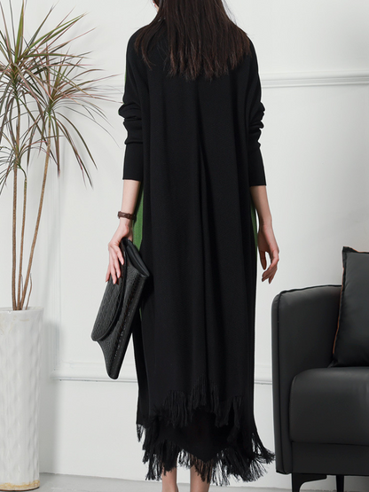V Neck Long Sleeve Geometric Color Block Fringe Knit Maxi Dress with Scarf