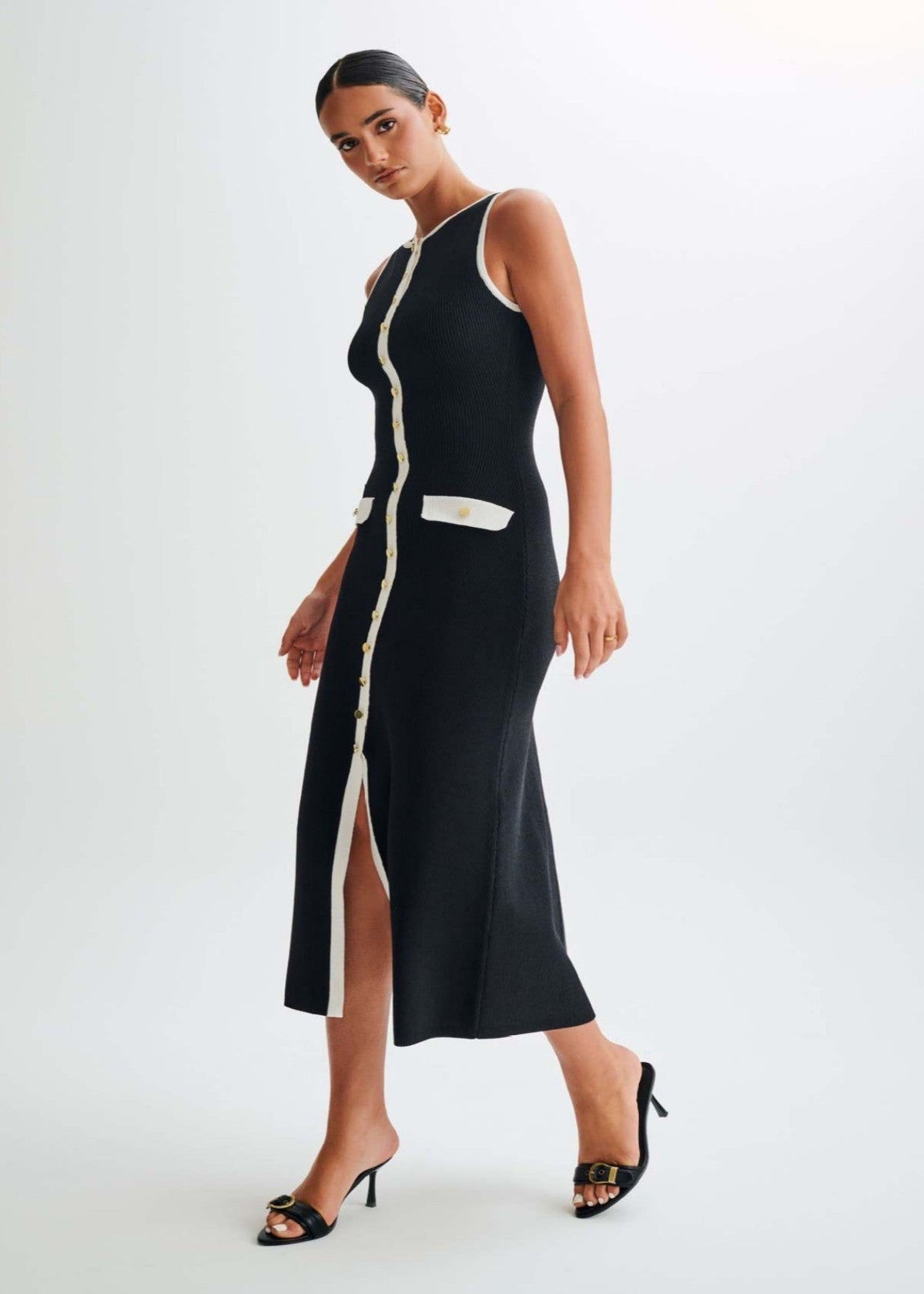 Ribbed Knit Contrast Trim Button Front Pocket Flap Sleeveless Midi Dress