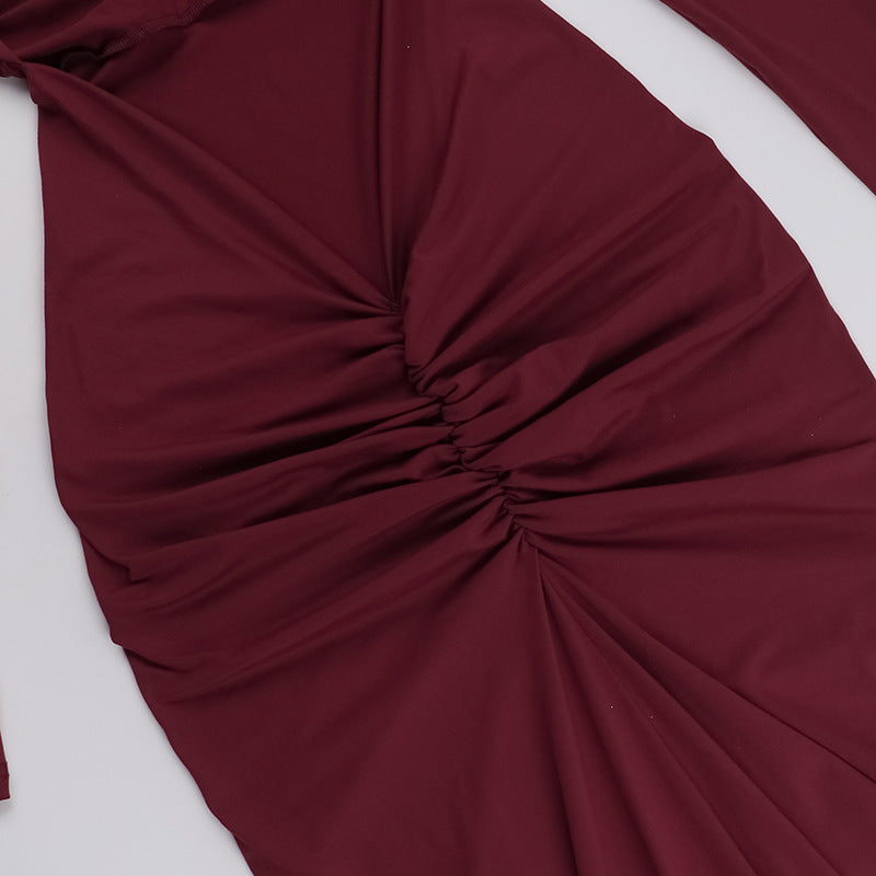 Long Sleeve Backless Ruched Column Maxi Gown