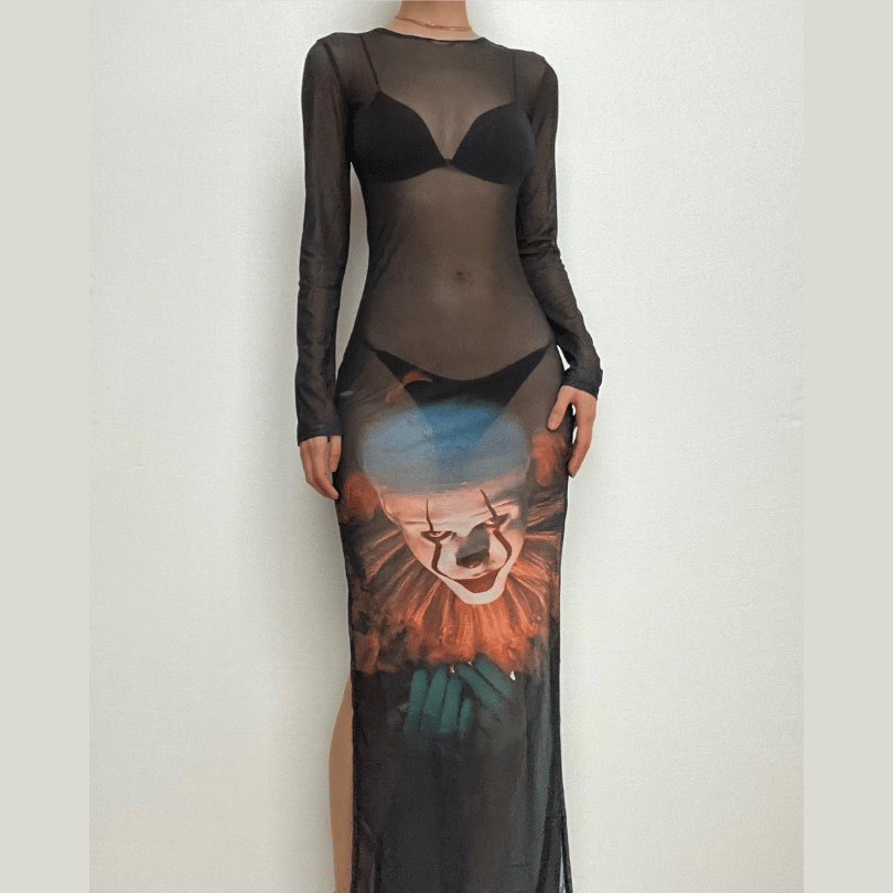 Pennywise Clown Graphic Print Sheer Mesh Long Sleeve Crew Neck Maxi Dress