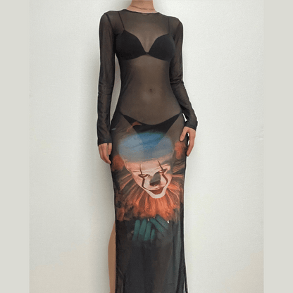 Pennywise Clown Graphic Print Sheer Mesh Long Sleeve Crew Neck Maxi Dress