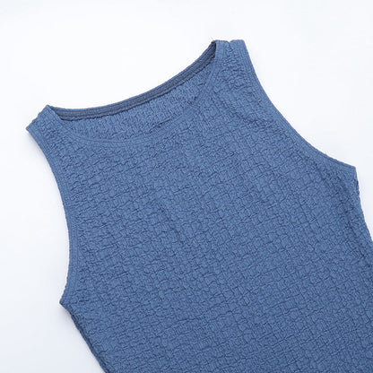 Sleeveless Crew Neck Crinkle Texture Bodycon Maxi Dress