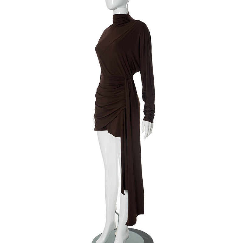 Mock Neck Long Sleeve Metal Cuff Ruched Drape Mini Dress