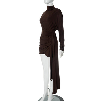 Mock Neck Long Sleeve Metal Cuff Ruched Drape Mini Dress
