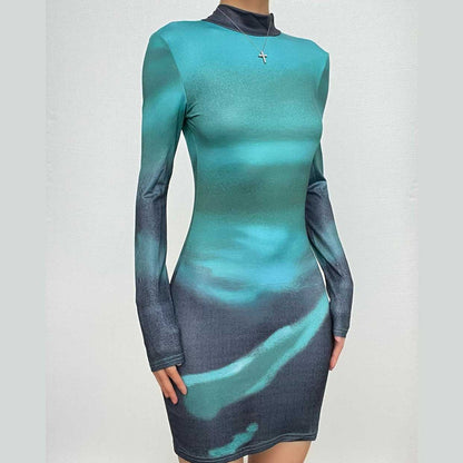 Abstract Print Long Sleeve Self Tie Backless Bodycon Mini Dress