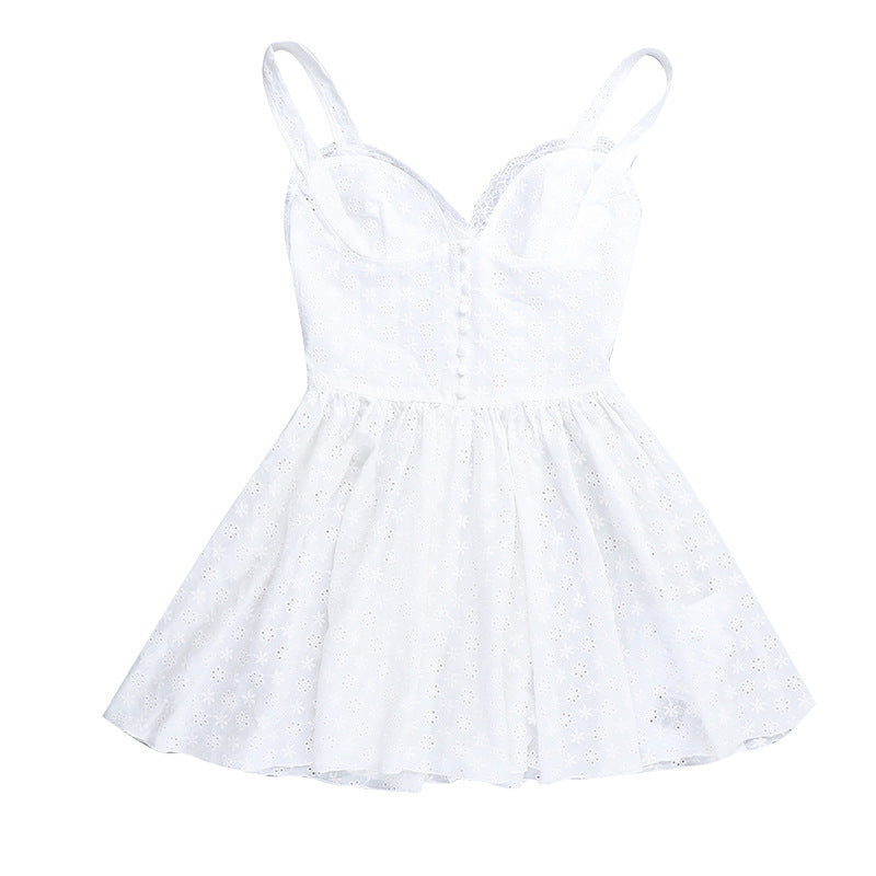 Eyelet Lace Corset Button Front Sweetheart Flared Mini Dress