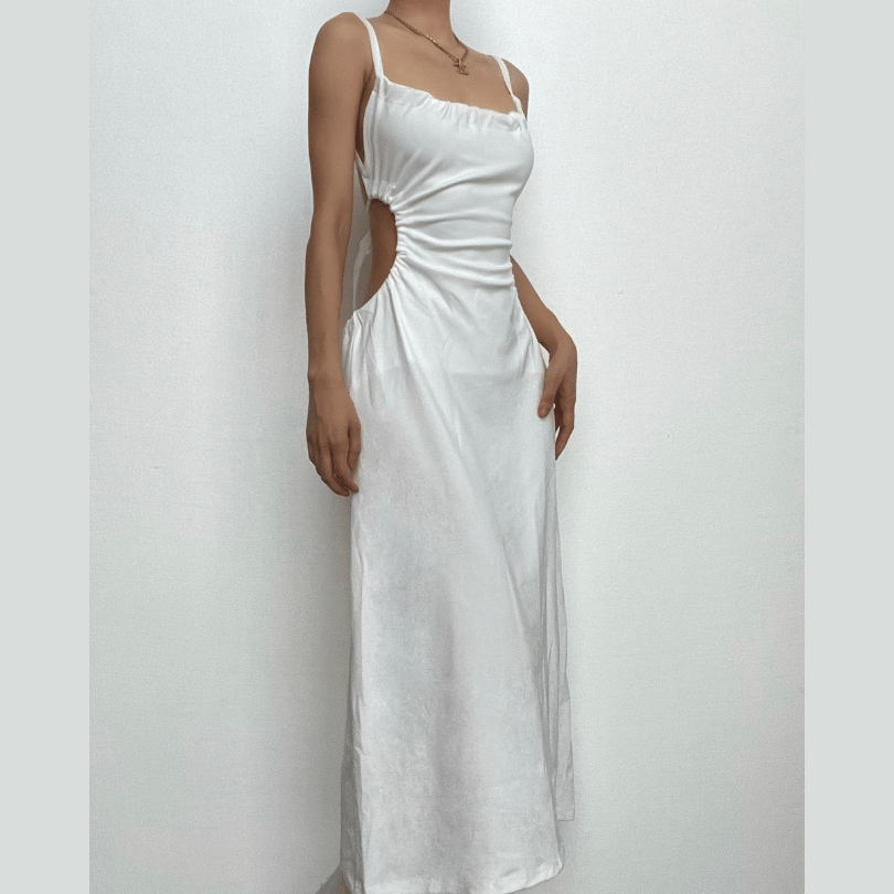 Spaghetti Strap Side Cutout Ruched Tie Back Satin Column Maxi Dress