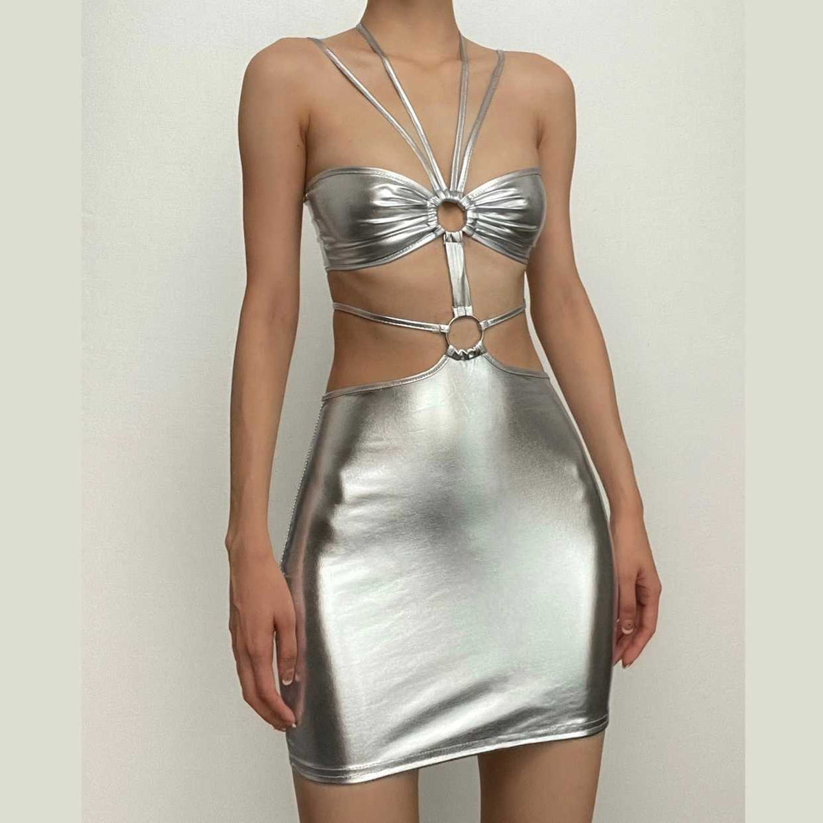 Halter O-Ring Strappy Midriff Cutout Open Front Bodycon Mini Dress
