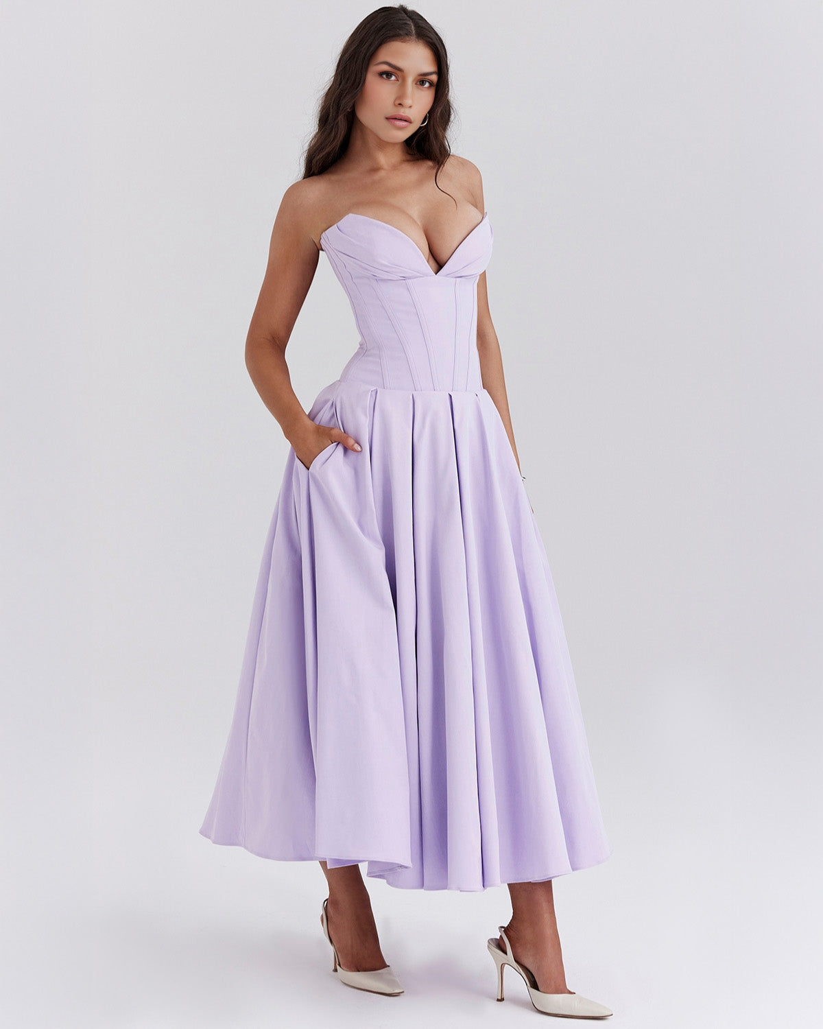Strapless Corset Sweetheart Neckline Box Pleat A-Line Midi Dress