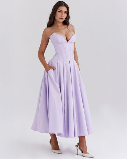 Strapless Corset Sweetheart Neckline Box Pleat A-Line Midi Dress