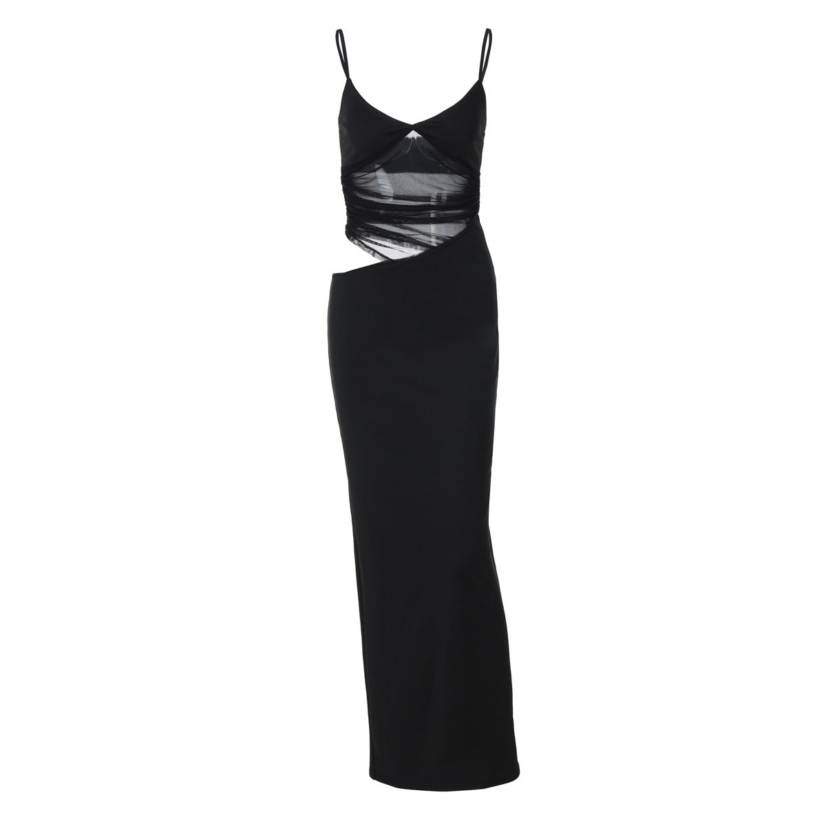 Deep V Neck Sheer Mesh Ruched Panel Sleeveless Maxi Dress