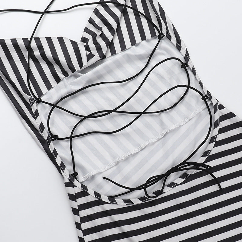 Cowl Neck Spaghetti Strap Chevron Stripe Bodycon Maxi Dress