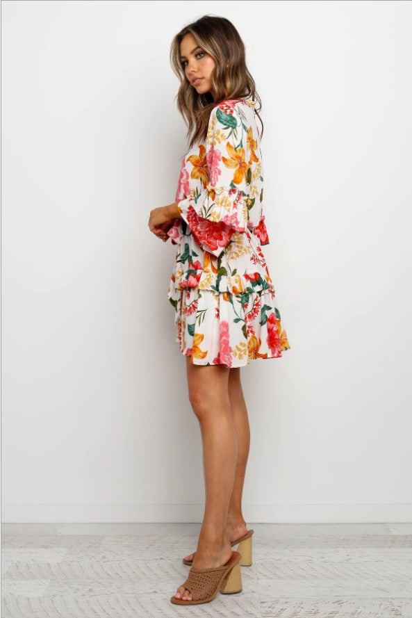 Mock Neck Ruffle Cuff Floral Print Tie Belt Tiered Mini Dress
