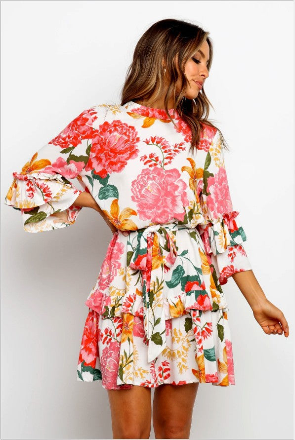 Mock Neck Ruffle Cuff Floral Print Tie Belt Tiered Mini Dress