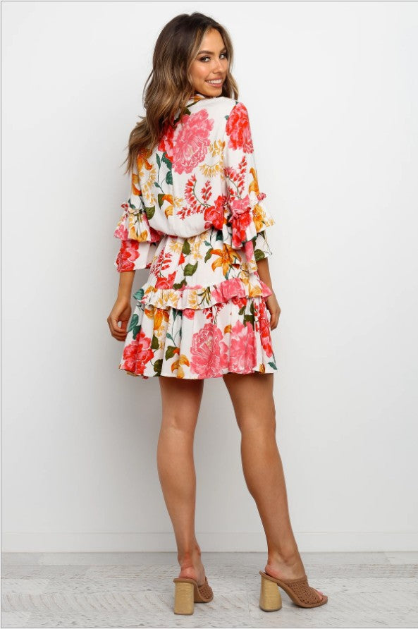 Mock Neck Ruffle Cuff Floral Print Tie Belt Tiered Mini Dress
