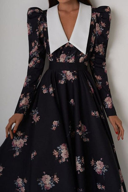 Contrast Collar Puff Sleeve Belted Ditsy Floral Print Midi Dress