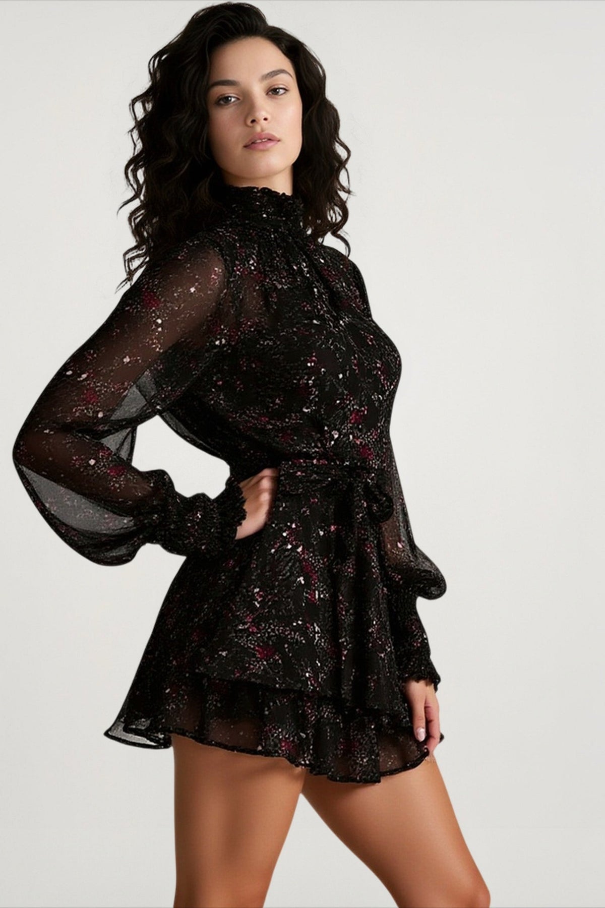 Smocked Mock Neck Blouson Sleeve Tie Waist Tiered Ruffle Mini Dress