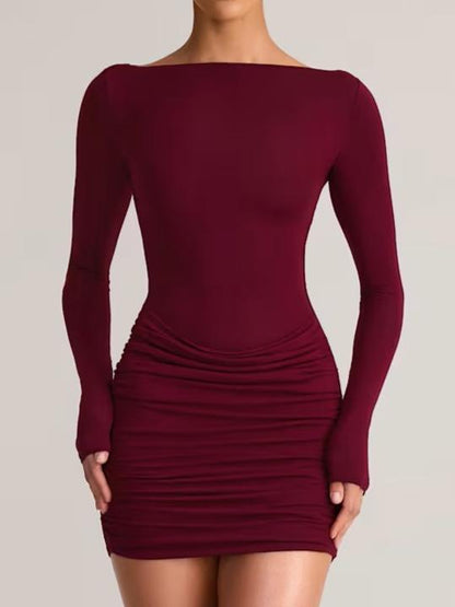 Boat Neck Long Sleeve Ruched Gathered Skirt Mini Dress