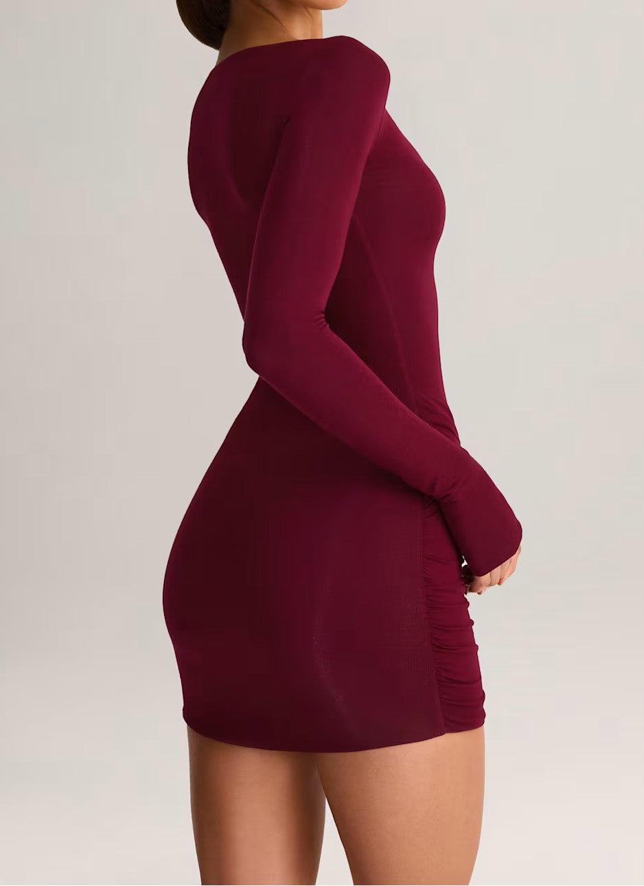 Boat Neck Long Sleeve Ruched Gathered Skirt Mini Dress