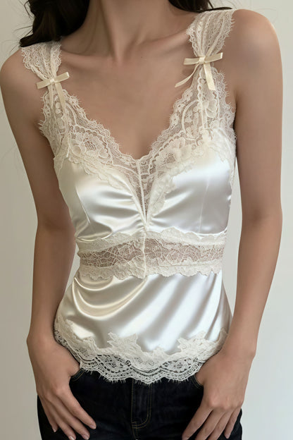 Bow Lace Patch V Neck Solid Tank Top