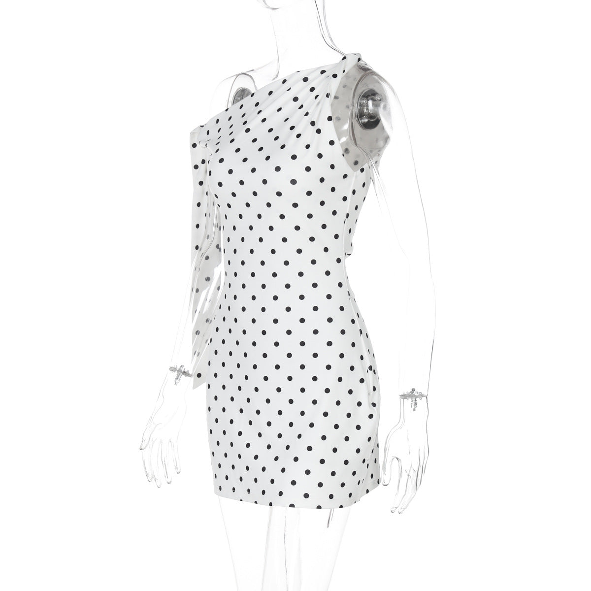 One Shoulder Tie Bow Sleeve Polka Dot Bodycon Mini Dress