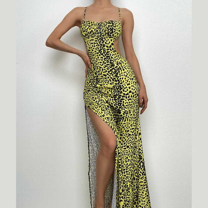 Spaghetti Strap Sweetheart Ruched Bust Side Cutout Thigh Slit Maxi Dress