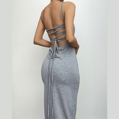 Square Neck Lace Up Criss Cross Tie Back Bodycon Maxi Dress