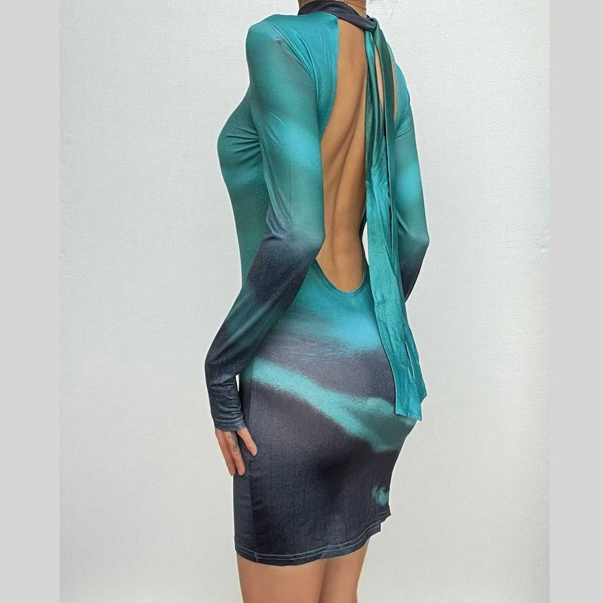 Abstract Print Long Sleeve Self Tie Backless Bodycon Mini Dress