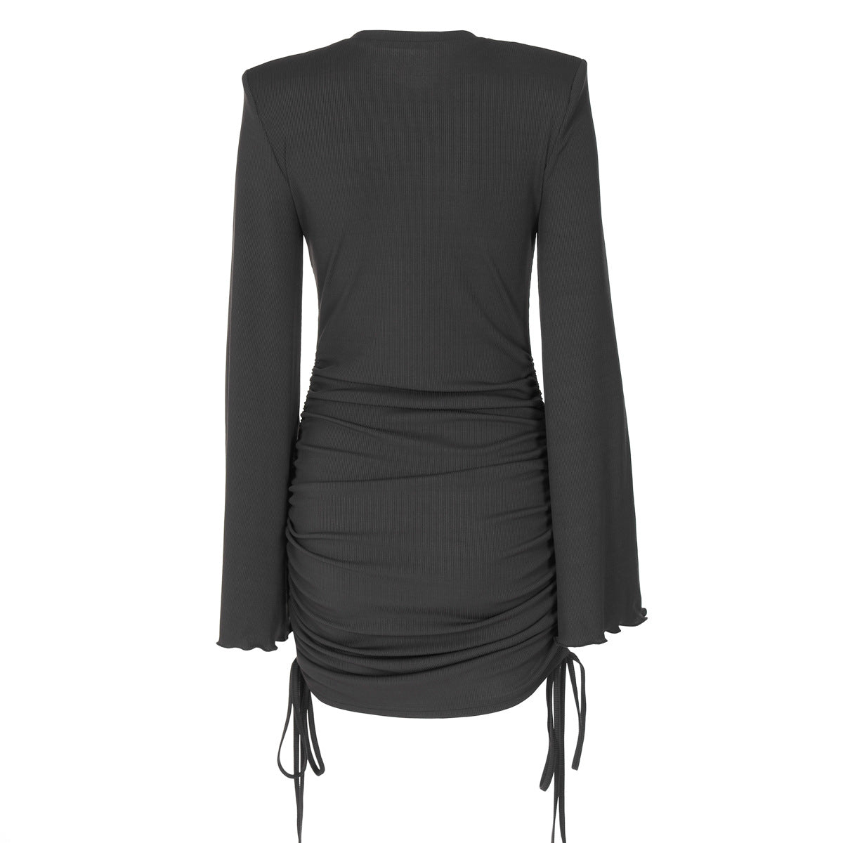 Crew Neck Bell Sleeve Side Ruched Drawstring Mini Dress