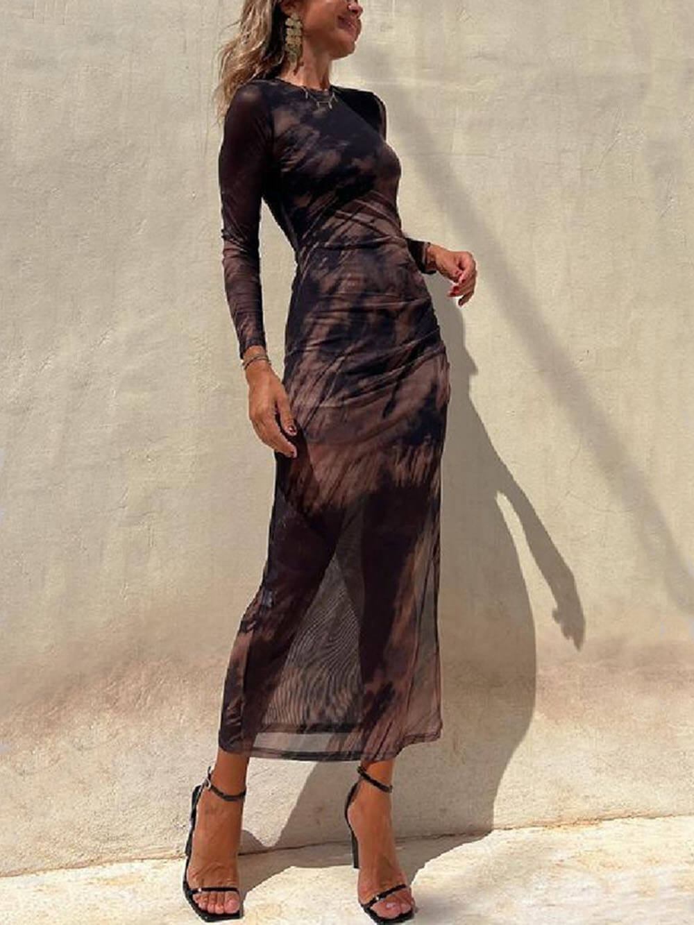 High Crew Neck Long Sleeve Abstract Marble Tie Dye Slit Maxi Dress