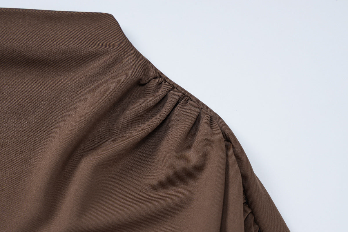 Mock Neck Cap Sleeve Front Knot Draped Panel Maxi Gown
