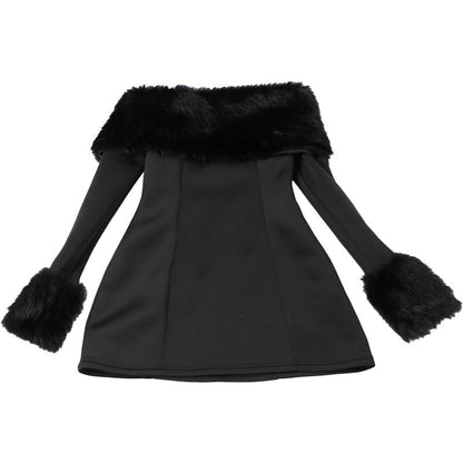 Off Shoulder Faux Fur Trim Long Sleeve A-Line Mini Dress