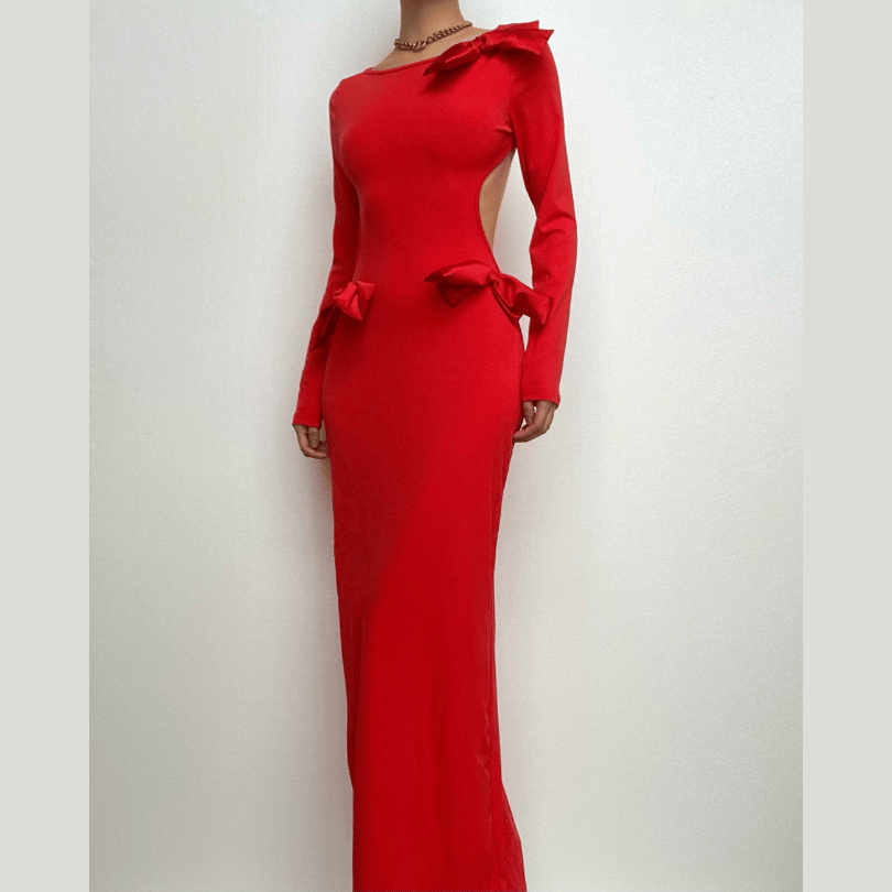 Long Sleeve Side Cutout Bow Detail Bodycon Maxi Dress