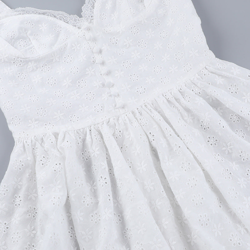 Eyelet Lace Corset Button Front Sweetheart Flared Mini Dress