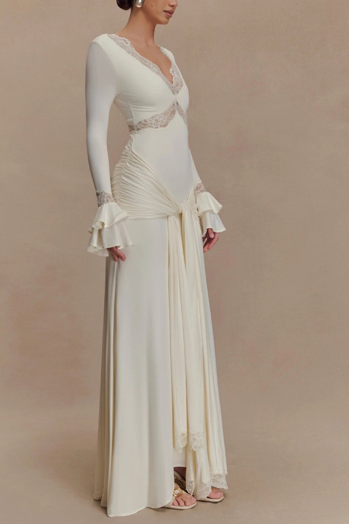 Lace Patchwork Flare Sleeve Tie-up Maxi Dress