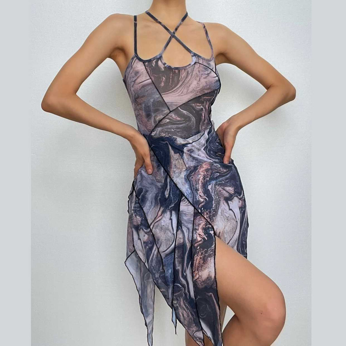 Halter Cross Front Marble Print Contrast Stitch Asymmetric Hem Mini Dress