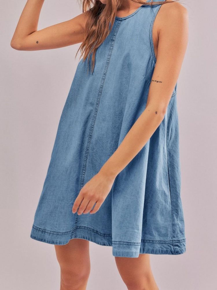 High Neck Sleeveless Denim A-Line Center Seam Mini Dress