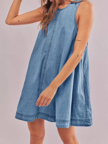 High Neck Sleeveless Denim A-Line Center Seam Mini Dress